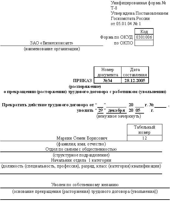 предприятия бланк карточкки